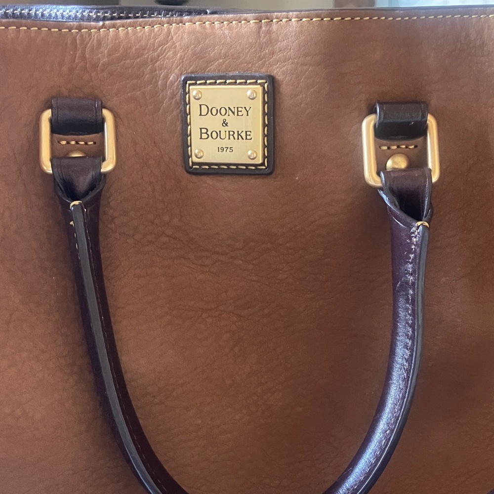 Dooney & Bourke Cognac and Dark Brown Leather Satchel - Picture 2 of 9
